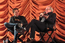 Actor Michael Shannon, left, and playwright Tracy Letts discuss 2007 movie 'Bug' at Music Box Theatre in Chicago, January 9 2020. Moresby Press photo